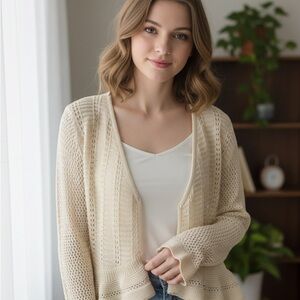 SHEIN Cream Ruffle Hem Cardigan Size Small